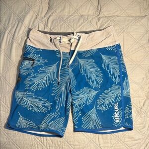Rip Curl Blue and White Leaf Pattern Board Shorts